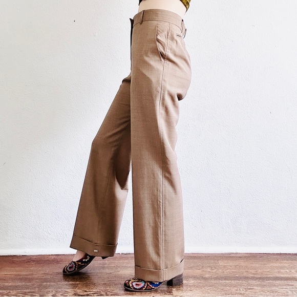 MAXMARA Italian Wool Mohair Beige Wide Leg High Cuff Waisted Trousers Pants - Picture 3 of 12
